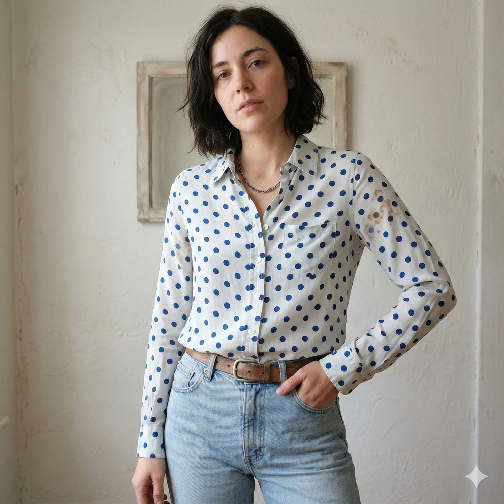 Equipment Silk Button Down Shirt Womens XS White Navy Blue Polka Dot Preppy